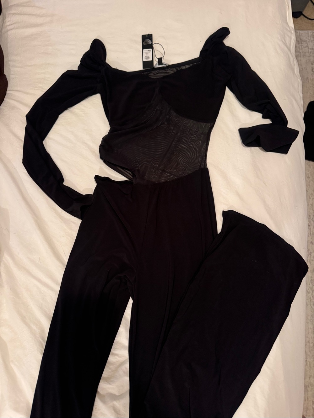Black Long-Sleeve Jumpsuit with Mesh Panel